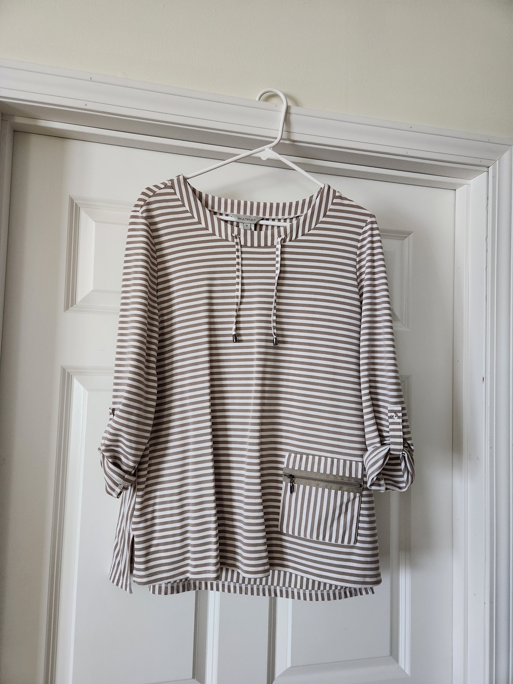 Multiples Taupe and White Striped Pullover Tunic with Pocket, Size Medium, - Picture 1 of 5